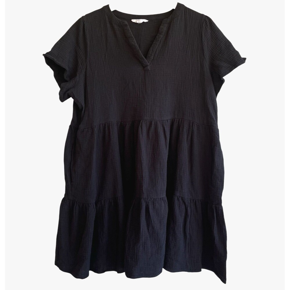 Lucky Brand Womens Tiered Gauze Dress Size 1X Black Boho Beachy Minimalist